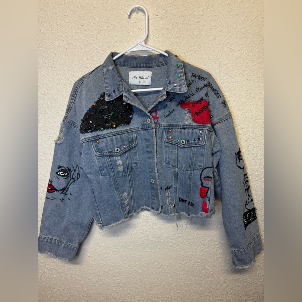 Embellished Cropped Denim Jacket with Beaded Patches - Light Blue Ma Cherie•
